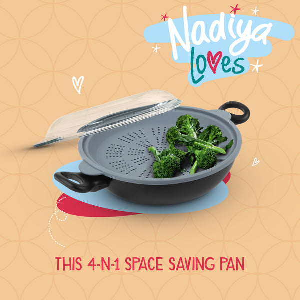 Prestige Nadiya Hussain: 4 In 1 Non-Stick Wok Steamer & Multi-Use Glass Lid Set