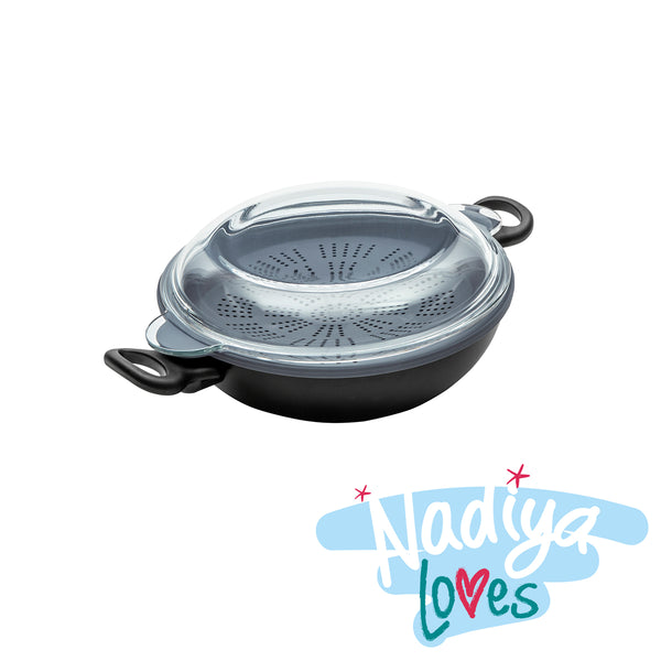 prestige Nadiya Hussain: 4 in 1 Non-Stick Wok Steamer & Multi-Use Glass Lid Set