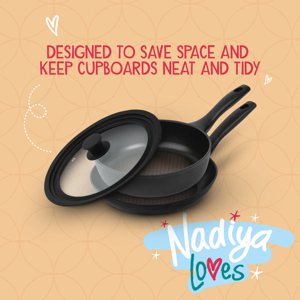 Prestige Nadiya Hussain: Stackable Non-Stick Frying Pan Set & Multi-Size Lid