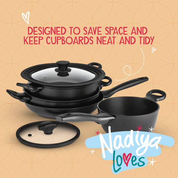 Prestige Nadiya Hussain: Stackable Non-Stick Frying Pan Stockpot Saucepan & Multi-Lid Set - 4 Piece