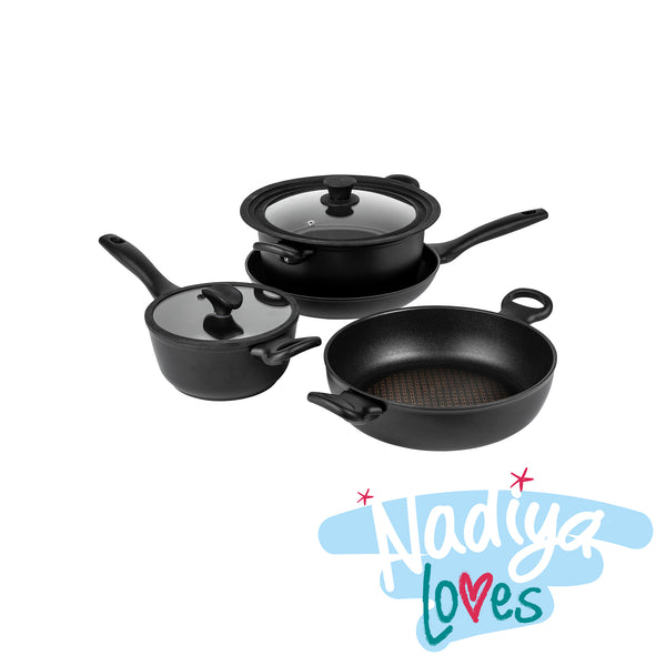 prestige Nadiya Hussain: Stackable Non-Stick Frying Pan Stockpot Saucepan & Multi-Lid Set - 4 Piece
