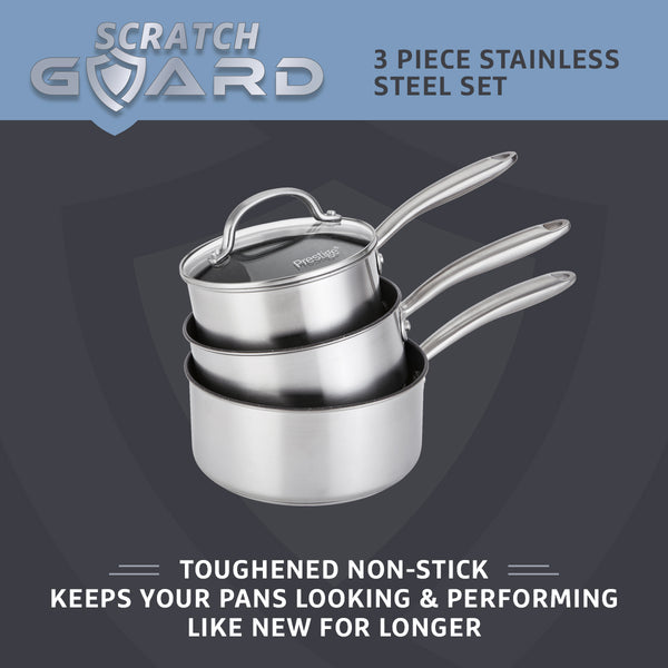 Prestige Scratch Guard: Non-Stick Stainless Steel Saucepan & Lid Set - 3 Piece