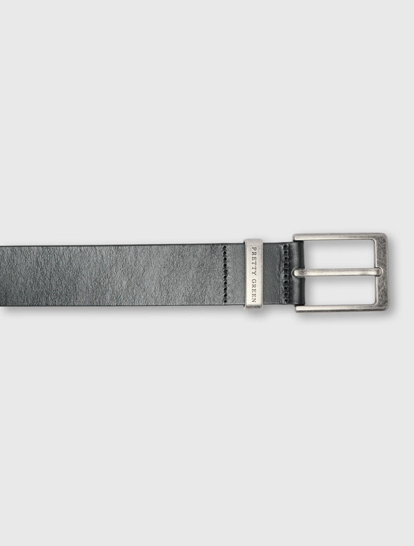 Pretty Green Branded Keeper Flat Leather Belt Black