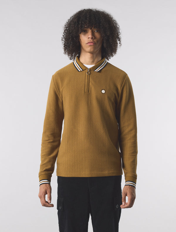 Pretty Green Garswood Long Sleeve Zip Polo Brown