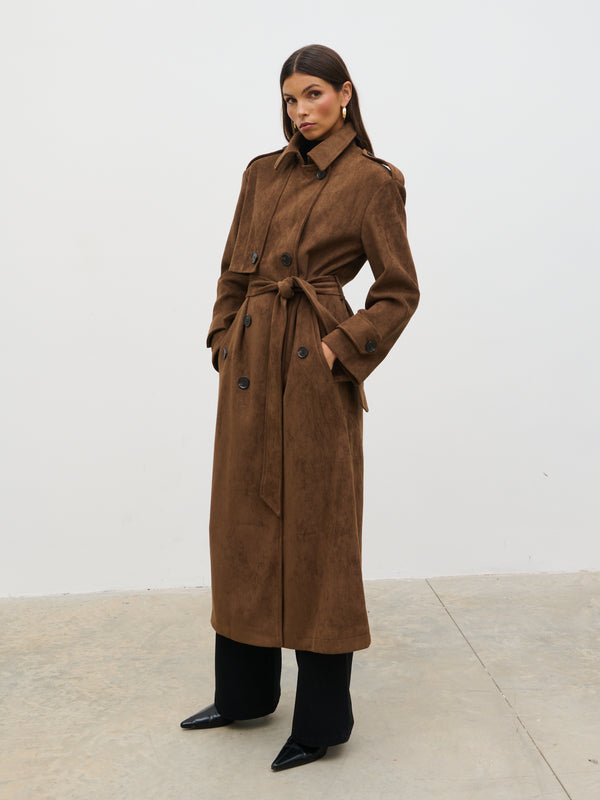 Pretty Lavish Agnes Longline Faux Suede Trench Coat