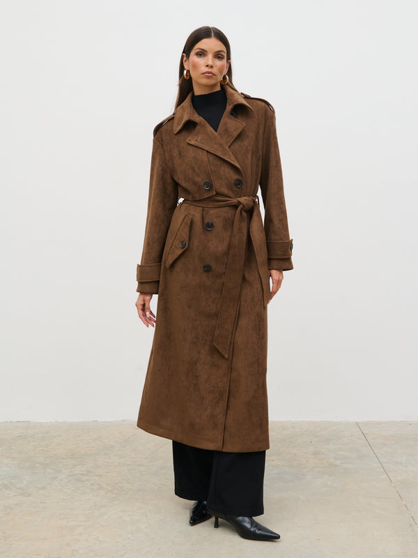 Pretty Lavish Agnes Longline Faux Suede Trench Coat