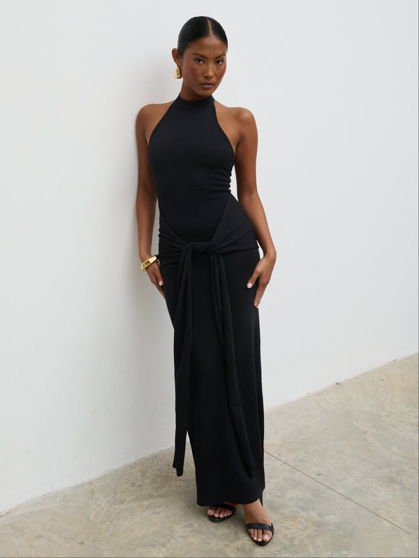 pretty lavish Bernelle Halterneck Tie Waist Knit Midaxi Dress