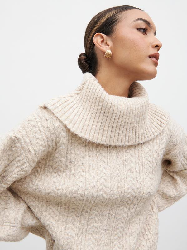 Pretty Lavish Blossom Cable Knit Exaggerated Roll Neck Jumper