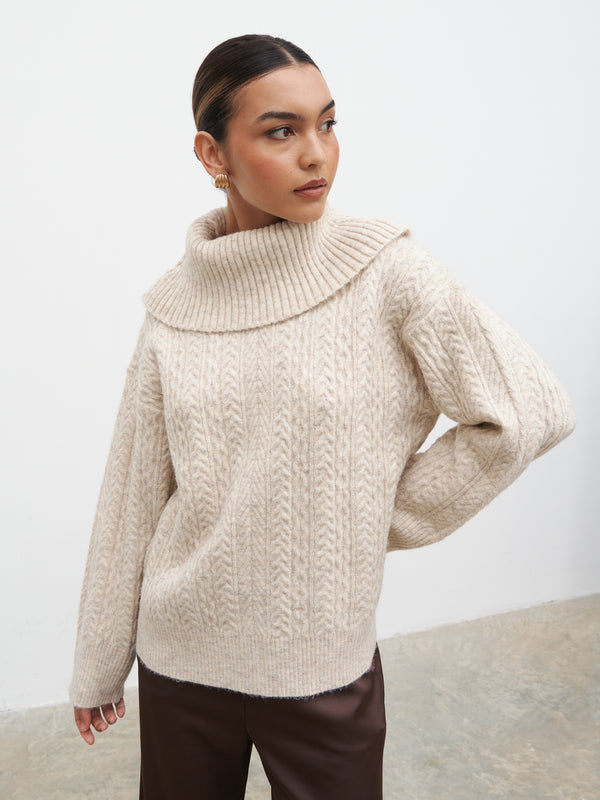 Pretty Lavish Blossom Cable Knit Exaggerated Roll Neck Jumper