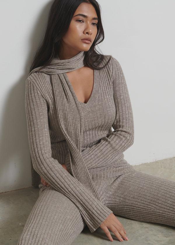 pretty lavish Jessie V Neck Ribbed Knit Top with Scarf