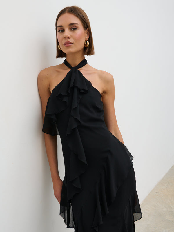 Pretty Lavish Aria Halter Neck Ruffle Maxi Dress