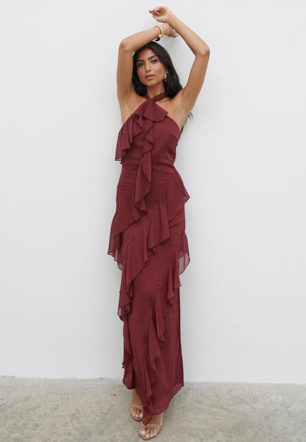 pretty lavish Aria Halter Neck Ruffle Maxi Dress