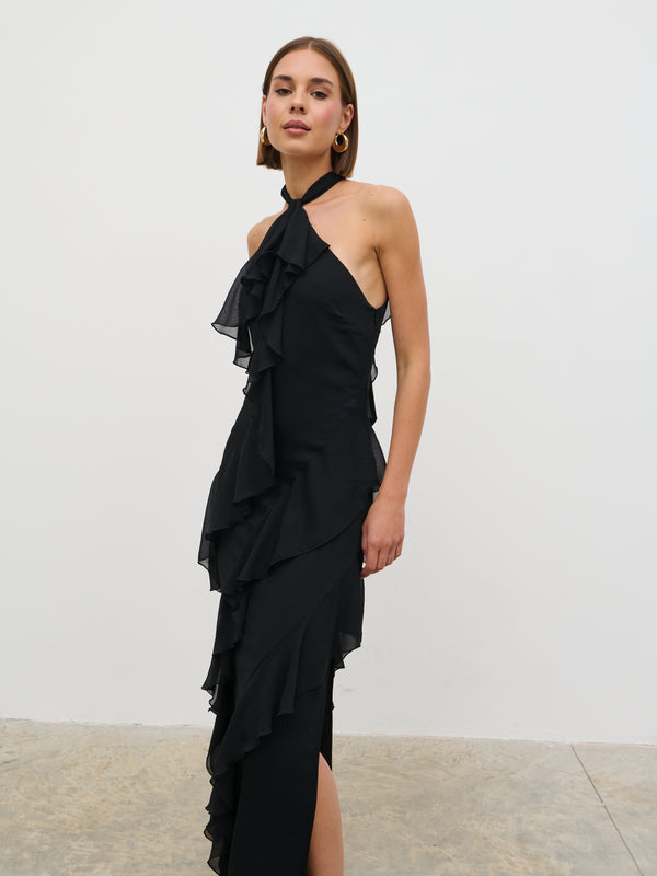 pretty lavish Aria Halter Neck Ruffle Maxi Dress