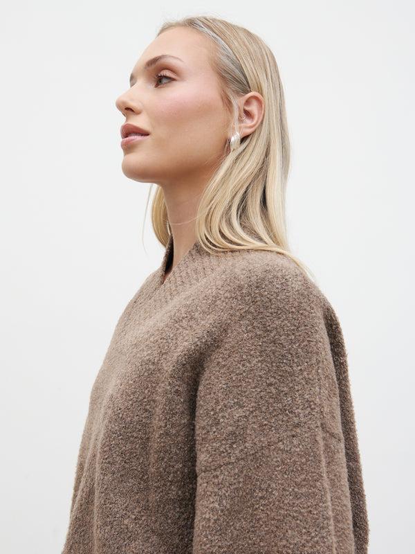 Pretty Lavish Camille V Neck Oversized Borg Jumper