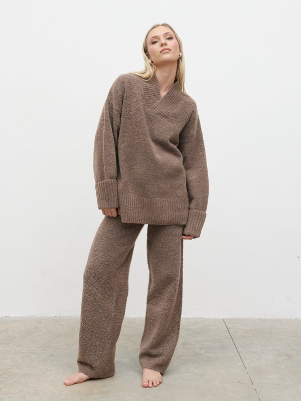 Pretty Lavish Camille V Neck Oversized Borg Jumper