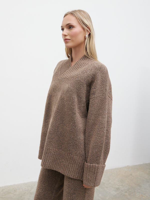Pretty Lavish Camille V Neck Oversized Borg Jumper