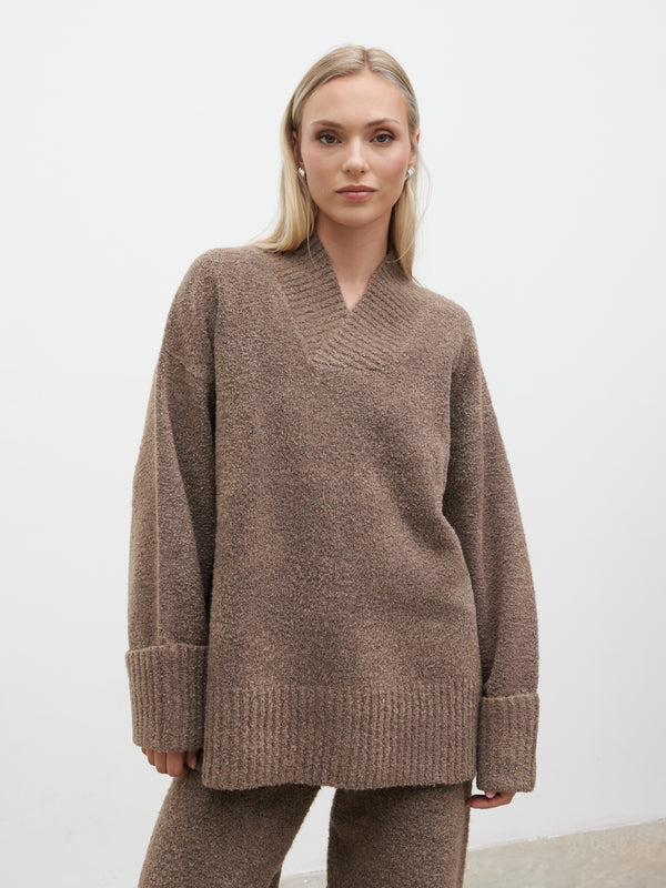 pretty lavish Camille V Neck Oversized Borg Jumper
