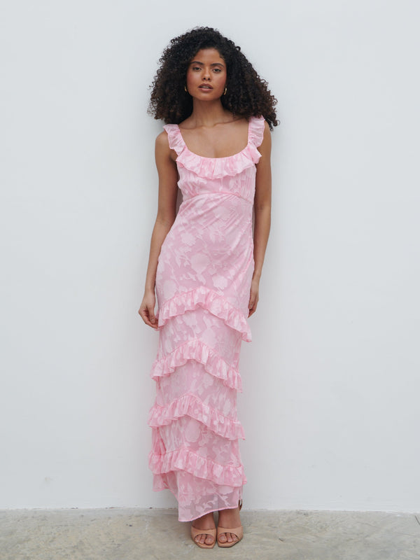 pretty lavish Novie Ruffle Jacquard Maxi Dress