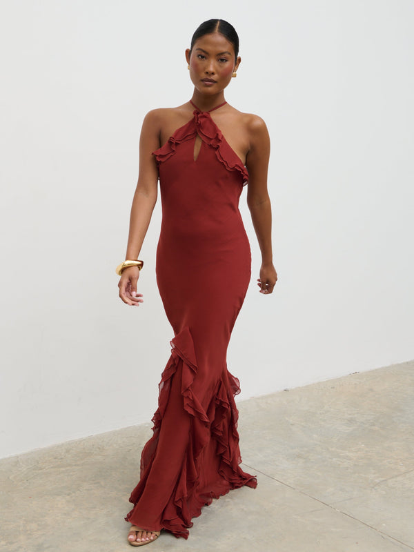 pretty lavish Sofia Halter Neck Ruffle Maxi Dress