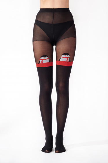 Pretty Polly 60 Denier Christmas Penguin Mock Hold Up Tights - Black Mix