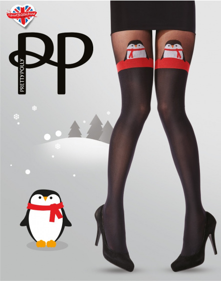 pretty polly 60 Denier Christmas Penguin Mock Hold Up Tights - Black Mix