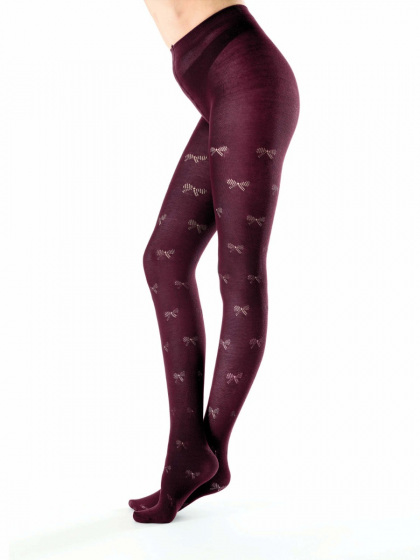 Pretty Polly Knitted Opaques Bow Pattern Tights - Burgundy