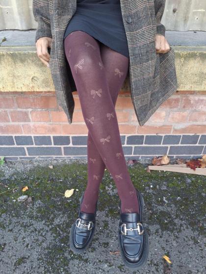 Pretty Polly Knitted Opaques Bow Pattern Tights - Burgundy