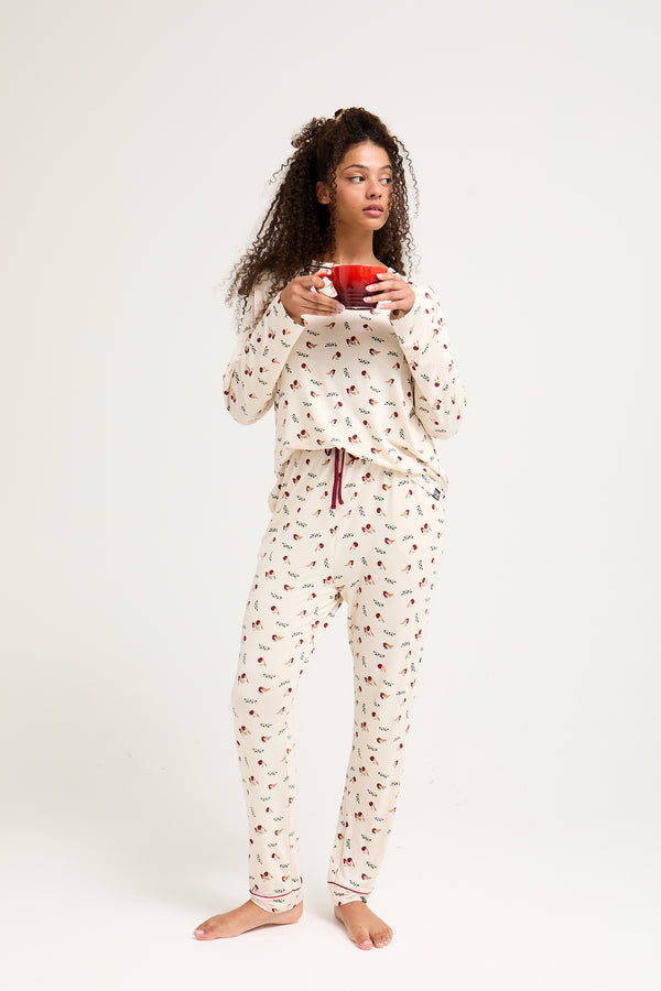 Pretty You Bamboo Festive Pyjama Set In Robin Print