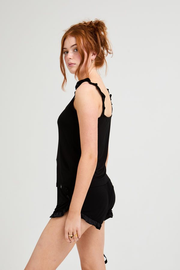 Pretty You Bamboo Frill Cami Short Pyjama Set In Black
