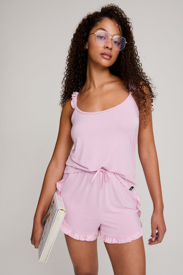 pretty you Bamboo Frill Cami Short Pyjama Set in Blush