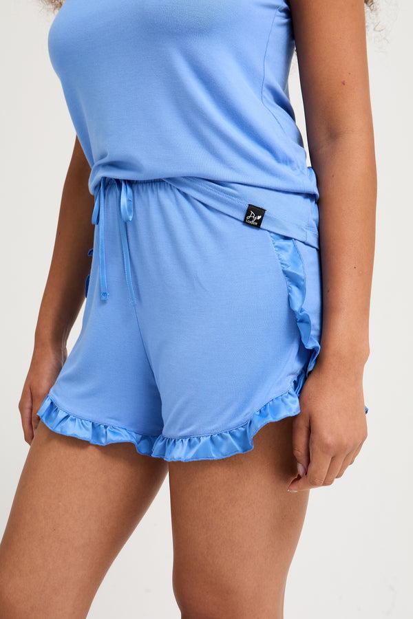 Pretty You Bamboo Frill Cami Short Pyjama Set In Cornflower Blue