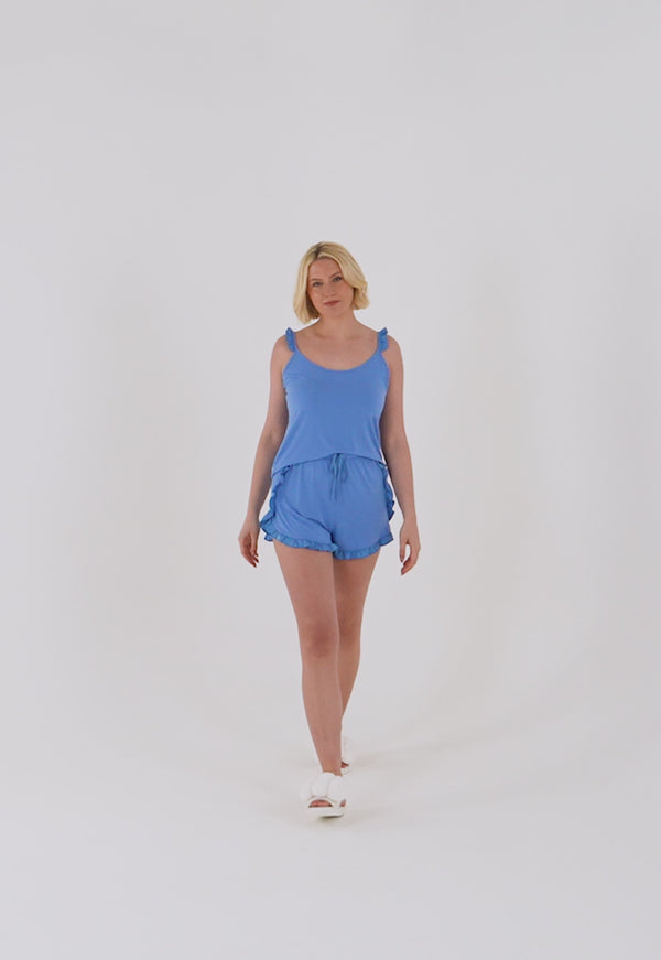 Pretty You Bamboo Frill Cami Short Pyjama Set In Cornflower Blue
