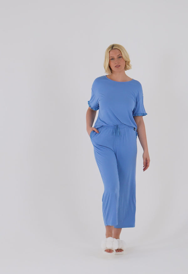 Pretty You Bamboo Frill Tee Trouser Set In Cornflower Blue