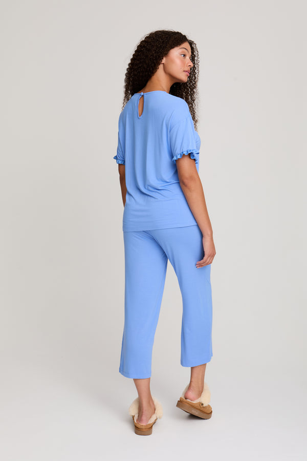 Pretty You Bamboo Frill Tee Trouser Set In Cornflower Blue