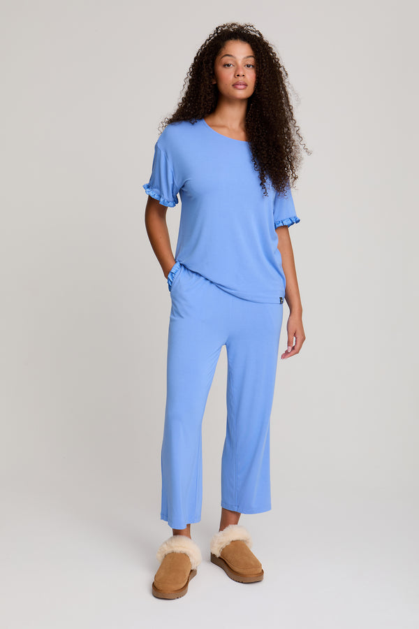 pretty you Bamboo Frill Tee Trouser Set in Cornflower Blue