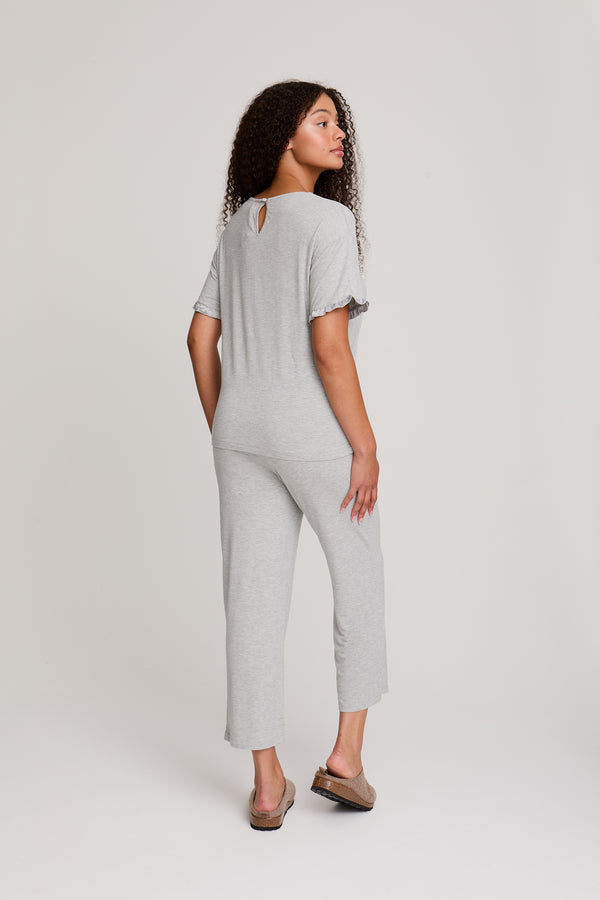Pretty You Bamboo Frill Tee Trouser Set In Gray Marl