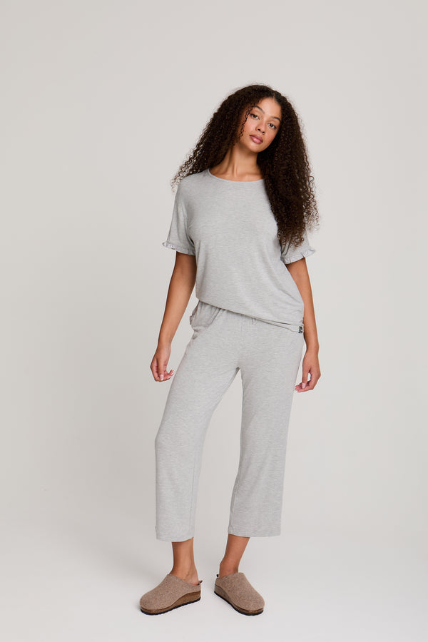 Pretty You Bamboo Frill Tee Trouser Set In Gray Marl