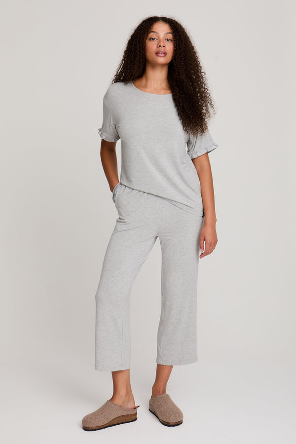 pretty you Bamboo Frill Tee Trouser Set in Gray Marl