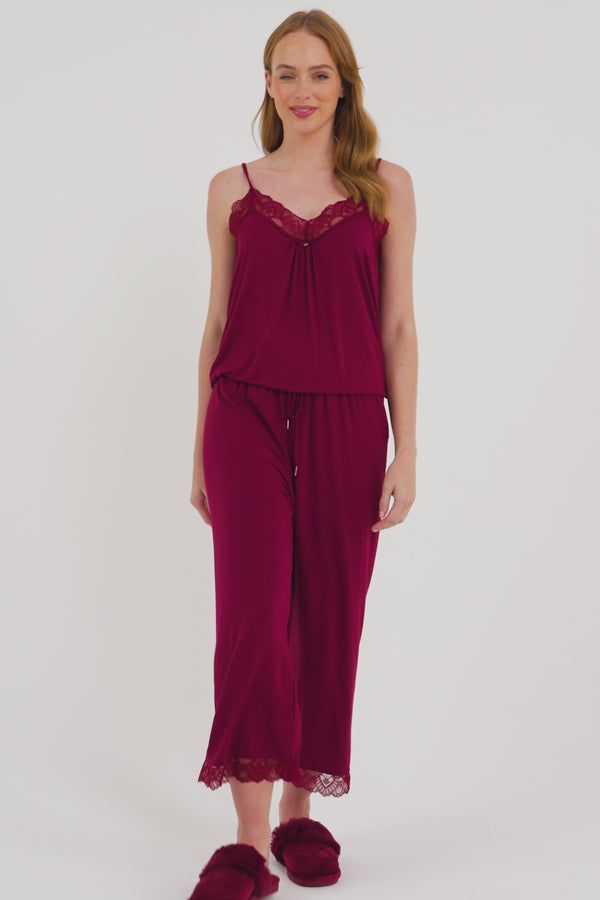 Pretty You Bamboo Lace Cami Cropped Trouser Pajama Set In Bordeaux