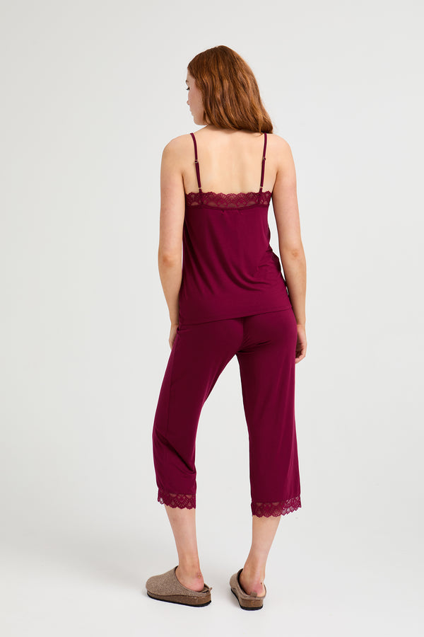 Pretty You Bamboo Lace Cami Cropped Trouser Pajama Set In Bordeaux