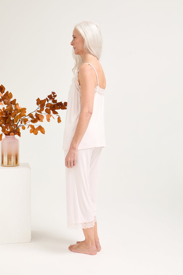 Pretty You Bamboo Lace Cami Cropped Trouser Pajama Set In Powder Puff