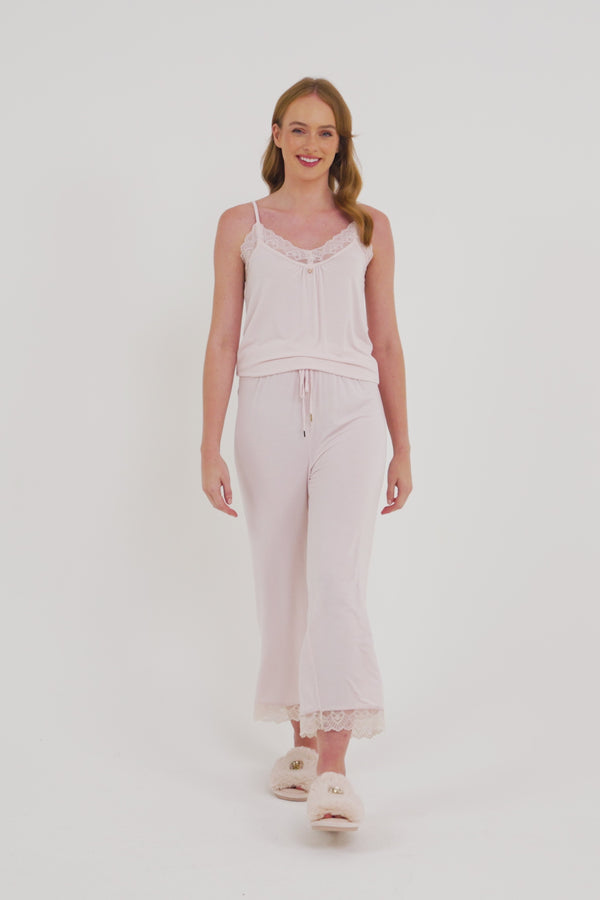 Pretty You Bamboo Lace Cami Cropped Trouser Pajama Set In Powder Puff