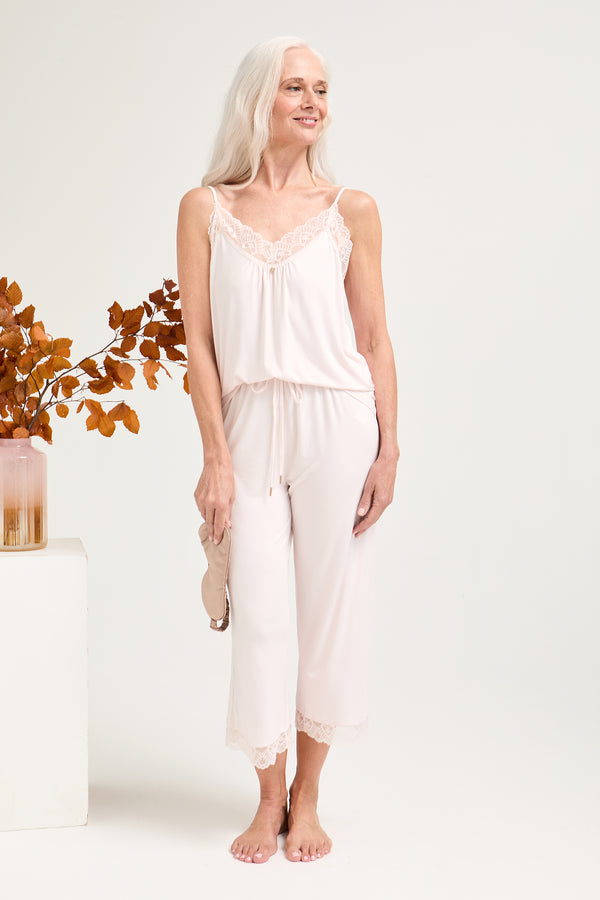 Pretty You Bamboo Lace Cami Cropped Trouser Pajama Set In Powder Puff