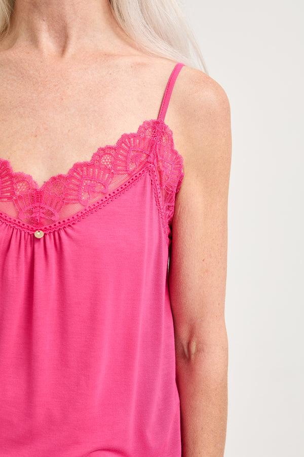Pretty You Bamboo Lace Cami Cropped Trouser Pajama Set In Raspberry