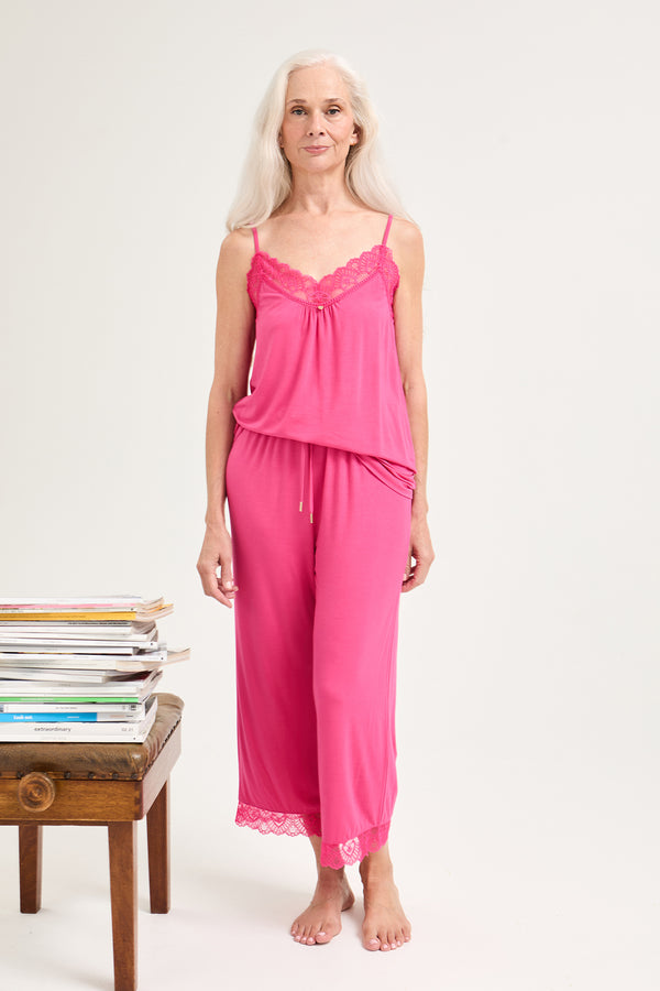 pretty you Bamboo Lace Cami Cropped Trouser Pajama Set in Raspberry