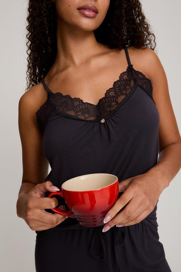 Pretty You Bamboo Lace Cami Cropped Trouser Pajama Set In Raven