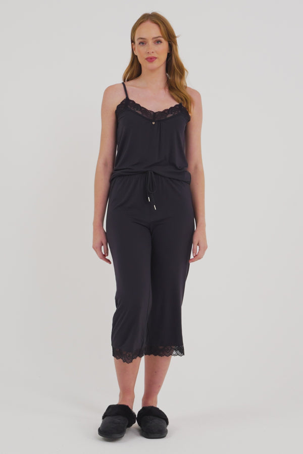 Pretty You Bamboo Lace Cami Cropped Trouser Pajama Set In Raven