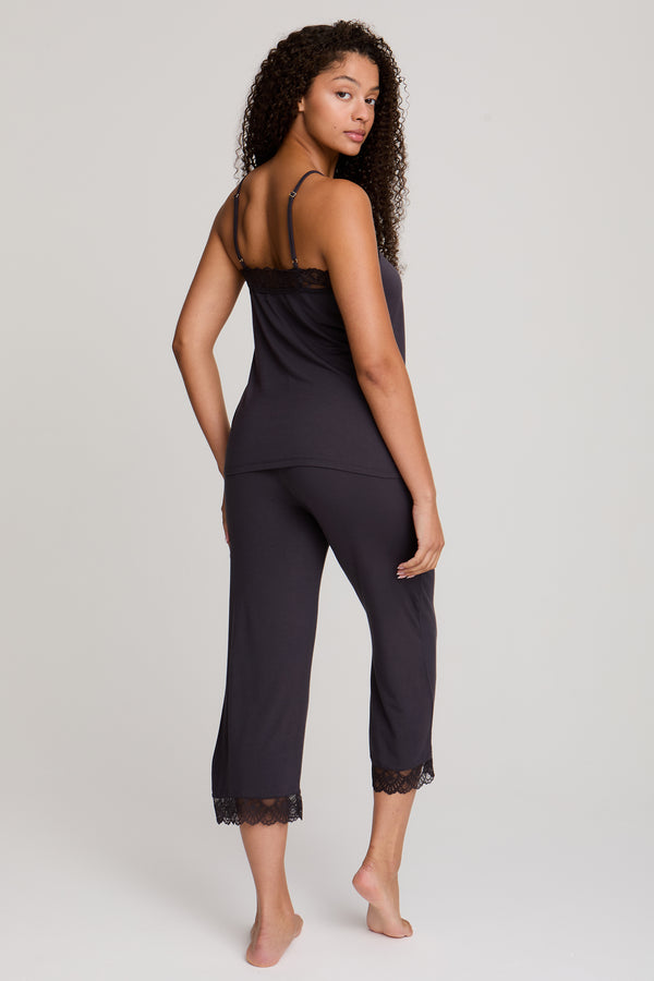 Pretty You Bamboo Lace Cami Cropped Trouser Pajama Set In Raven