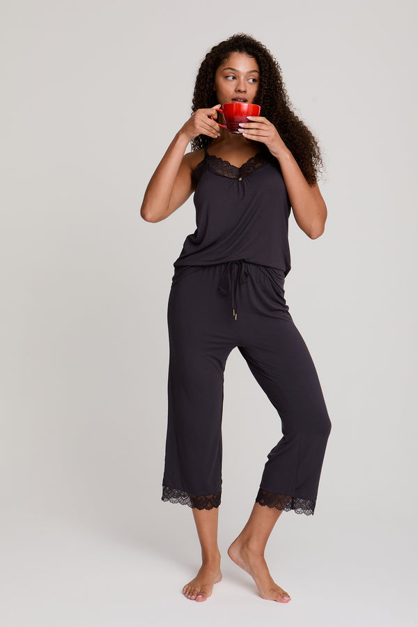 pretty you Bamboo Lace Cami Cropped Trouser Pajama Set in Raven