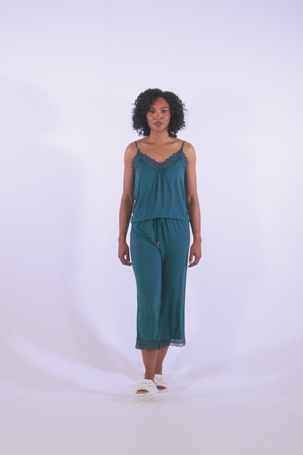 Pretty You Bamboo Lace Cami Cropped Trouser Pajama Set In Teal
